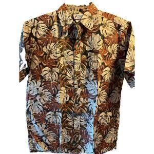Malihini VTG Mens L White Red Floral Monstera SS Button Up Cotton Hawaiian Shirt
